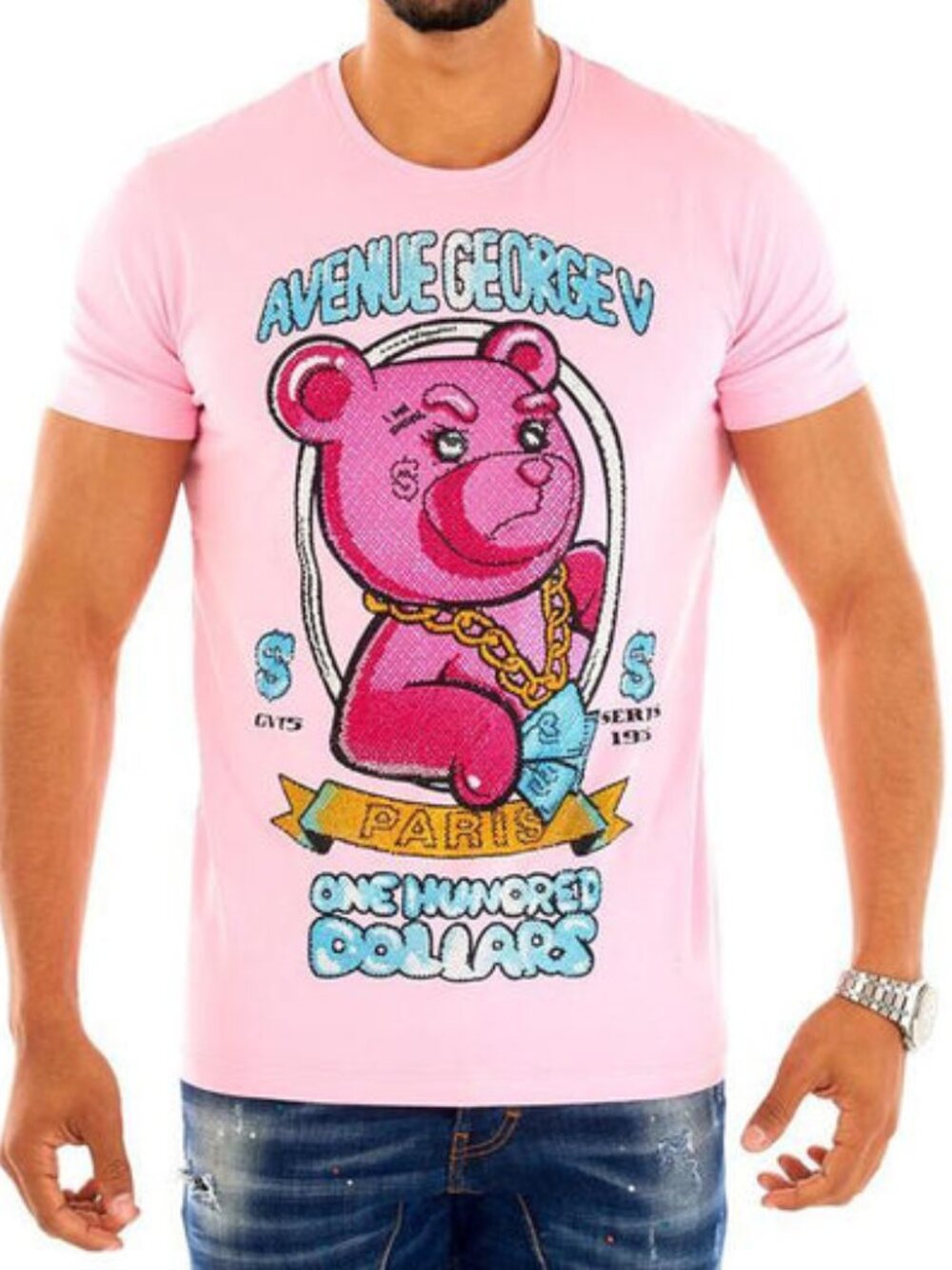 Avenue George V Paris T-Shirt Men's Pink short sleeve Rhinestone Teddy XL 2XL
